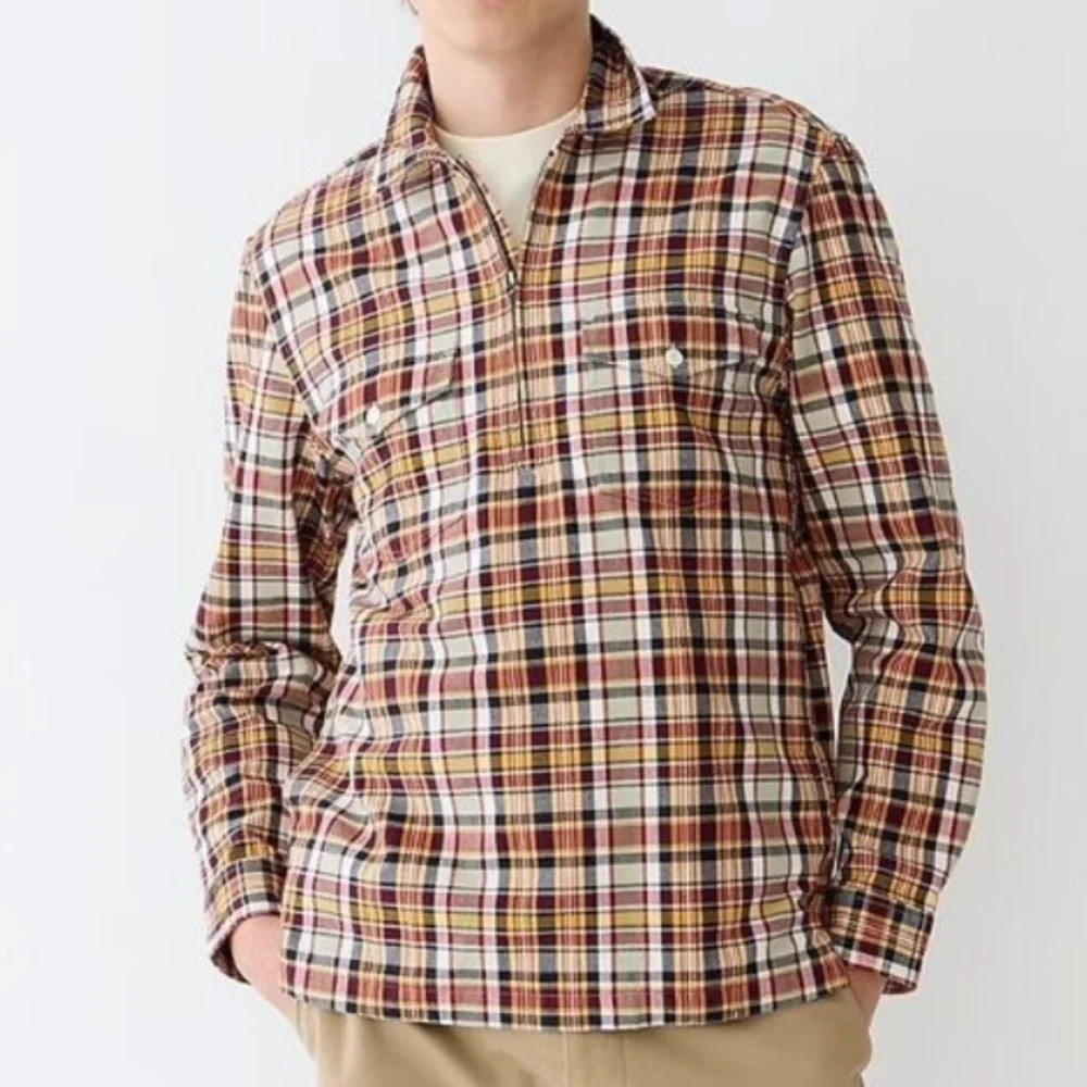 J. Crew Half Zip Pullon Shirt Jacket Large Yarn Dyed Cotton Canvas Plaid Pockets